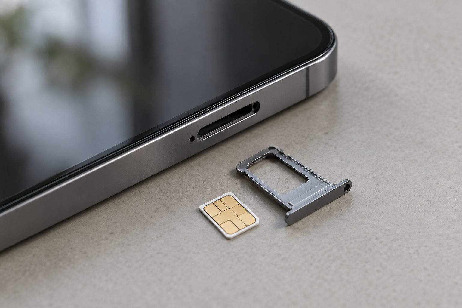 A smartphone beside an open SIM tray and nano-SIM card