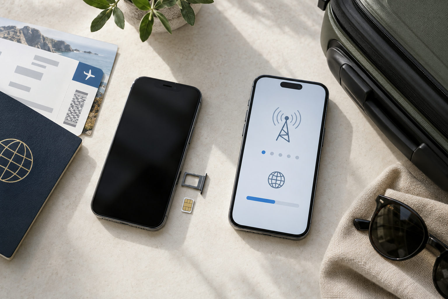 A travel-ready smartphone with an open SIM tray and nano-SIM card beside another phone set up for a digital cellular profile.