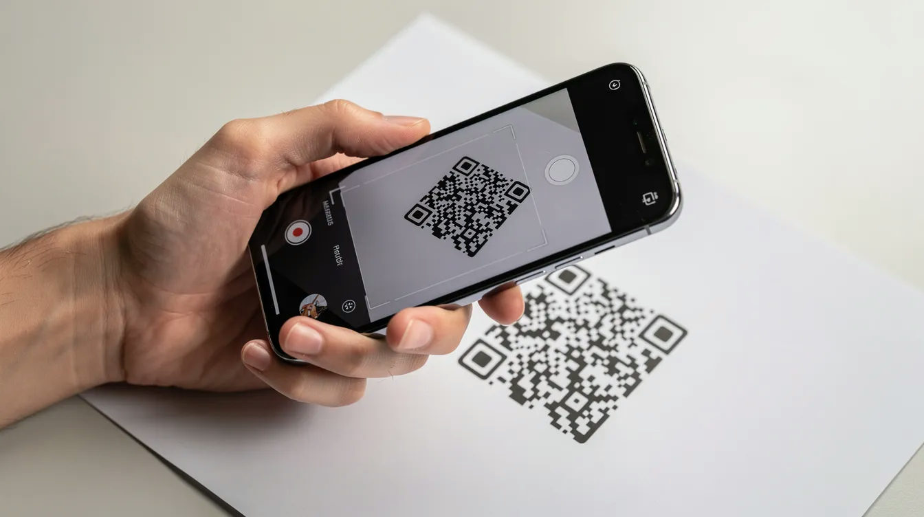 Na zdjęciu widać dłoń trzymającą smartfon, na ekranie którego wyświetla się aparat skanujący kod QR umieszczony na kartce papieru. Obrazek ilustruje proces aktywacji karty esim, który może być przydatny dla podróżujących do Tunezji, aby uniknąć wysokich opłat za transmisję danych.