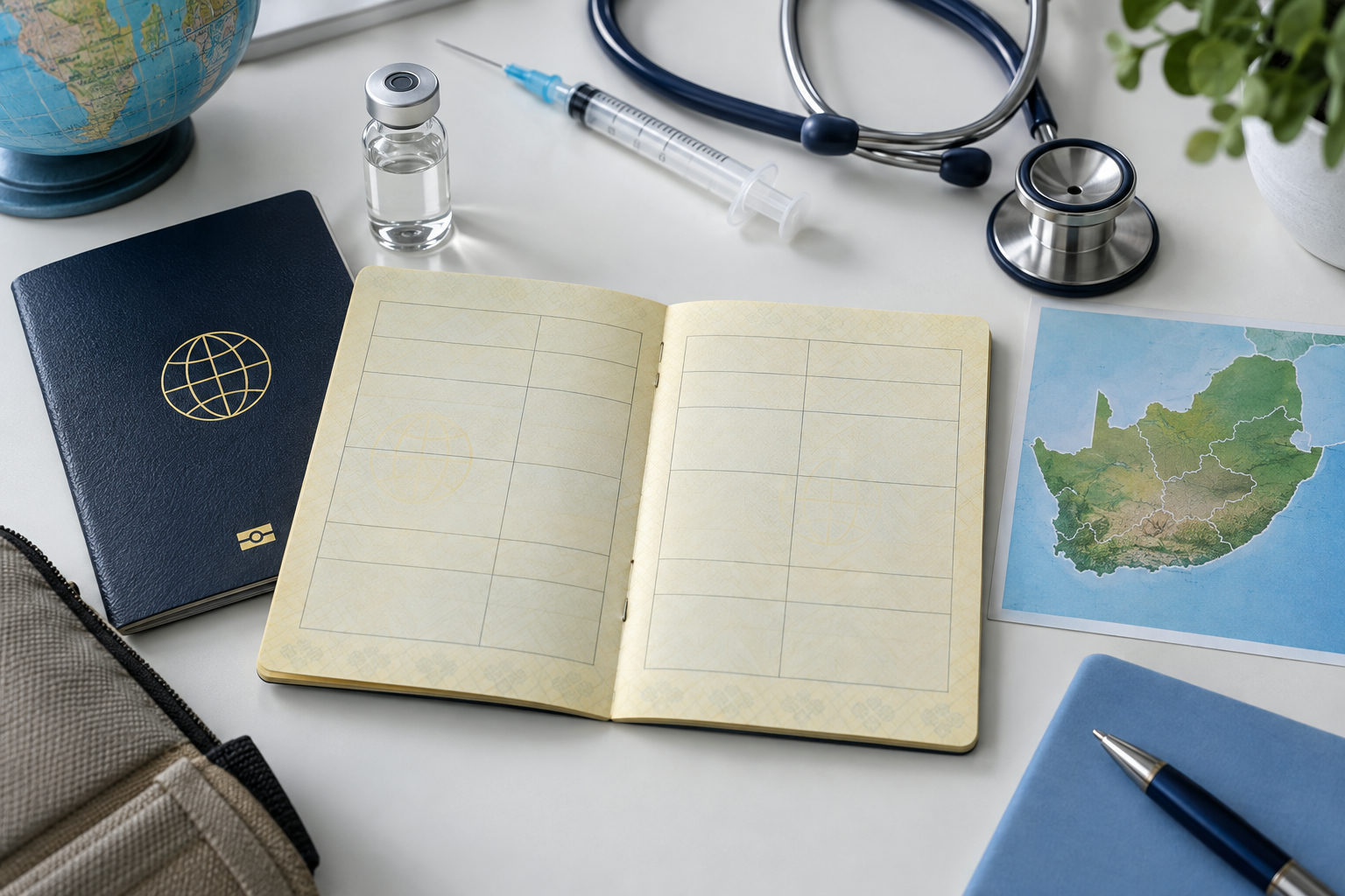 Travel health documents and vaccination supplies prepared for a trip to South Africa.