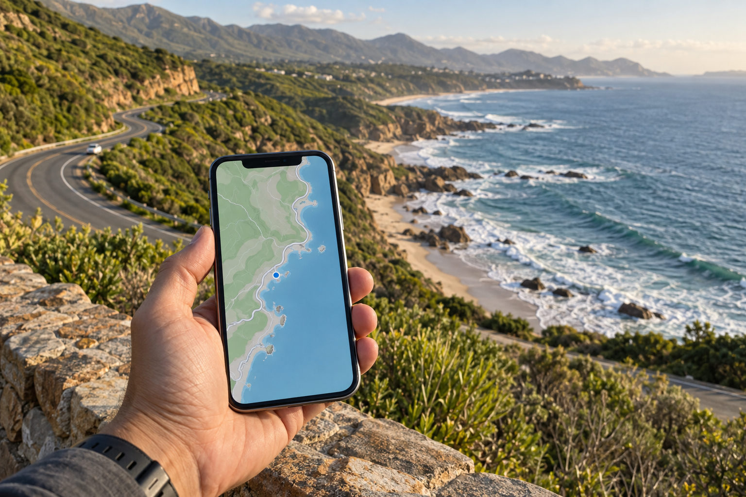 Hand mit Smartphone und Kartenansicht vor einer Küstenstraße an der Garden Route in Südafrika.