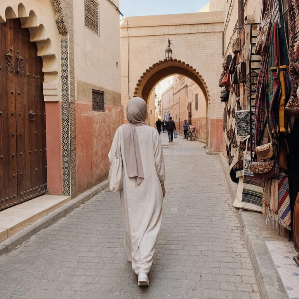 solo female traveller walking through a Moroccan medina in modest clothing