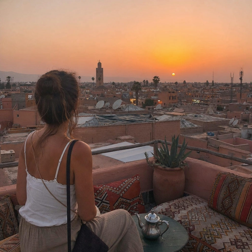 female traveller on a rooftop overlooking Marrakech at sunset