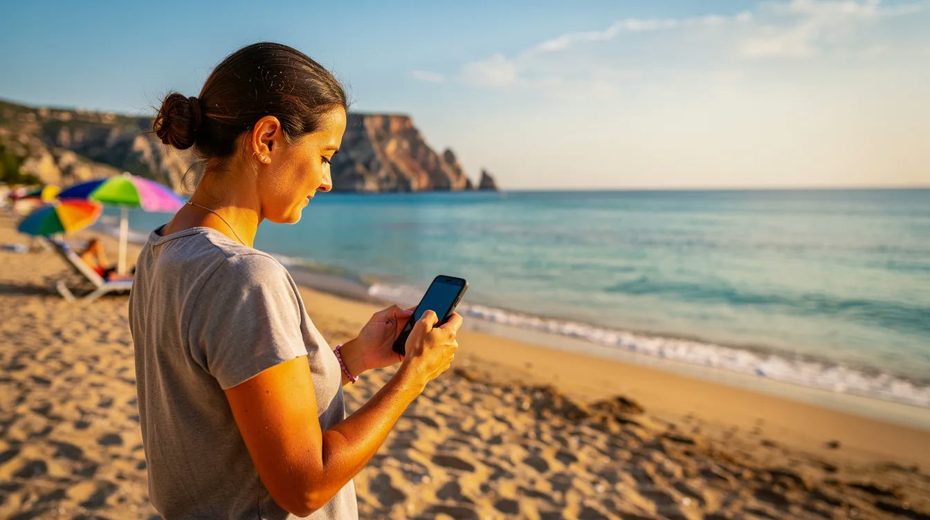 Osoba korzysta ze smartfona na tle pięknej, śródziemnomorskiej plaży z turkusową wodą, co sugeruje relaksujący czas w Tunezji. W tle widać delikatne fale oraz słoneczne niebo, co tworzy idealne warunki do korzystania z internetu i aktywacji eSIM, aby pozostać w kontakcie z bliskimi.