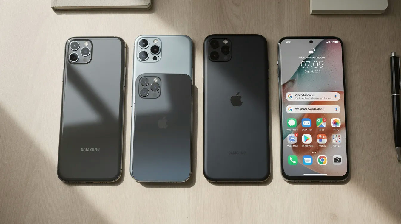 Na jasnym drewnianym biurku znajdują się różne modele smartfonów, które mogą obsługiwać eSIM, co pozwala na łatwą aktywację i korzystanie z lokalnych pakietów danych w Tunezji. Użytkownicy mogą wybierać spośród elastycznych pakietów, co zapewnia stabilne połączenie i szybki internet podczas podróży.