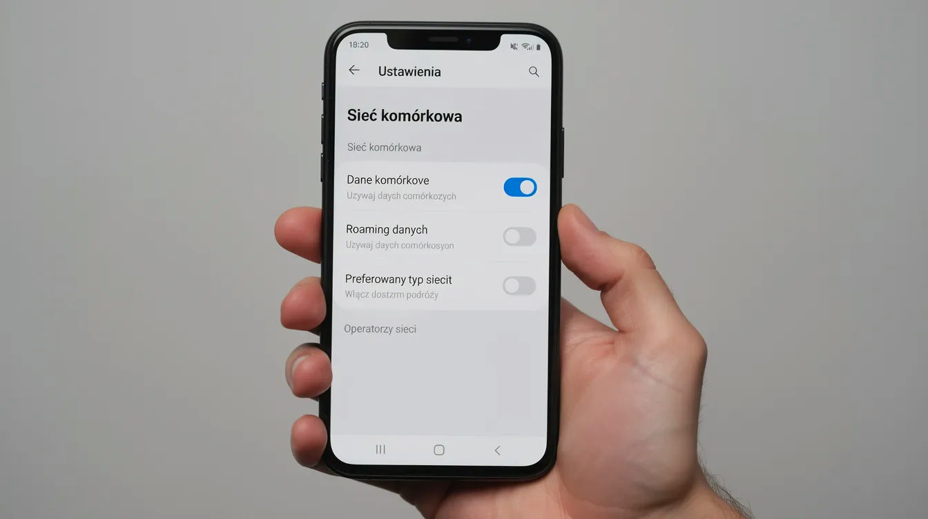 Na zdjęciu widoczna jest dłoń trzymająca smartfon, na ekranie którego wyświetlają się ustawienia sieci komórkowej, w tym opcje dotyczące karty eSIM. Użytkownik może w łatwy sposób skonfigurować połączenie z internetem, aby pozostać w kontakcie podczas podróży, na przykład do Egiptu.