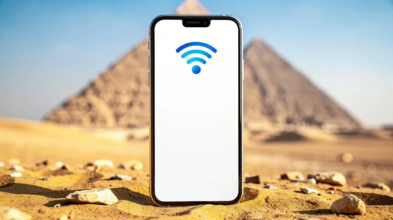 Na pierwszym planie znajduje się smartfon, którego ekran wyświetla symbol sygnału komórkowego, a w tle widać majestatyczne egipskie piramidy. Obrazek ilustruje, jak można pozostać w kontakcie podczas podróży do Egiptu, korzystając z rozwiązania, jakim jest karta eSIM.
