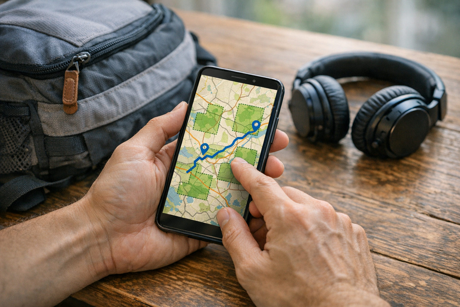 Hands holding a smartphone with an offline map beside a backpack and headphones