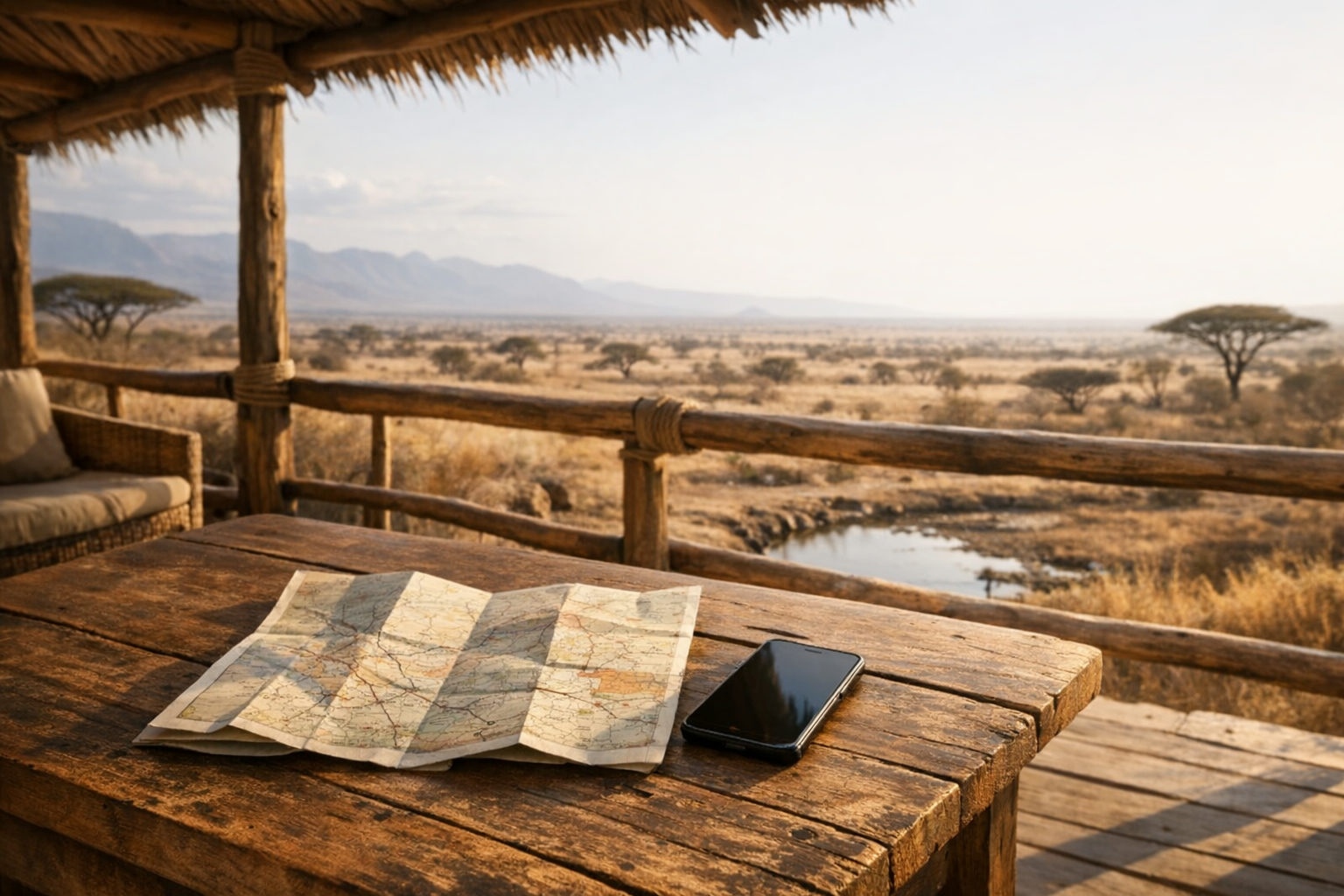 Smartphone and folded map on a safari lodge veranda overlooking the savanna