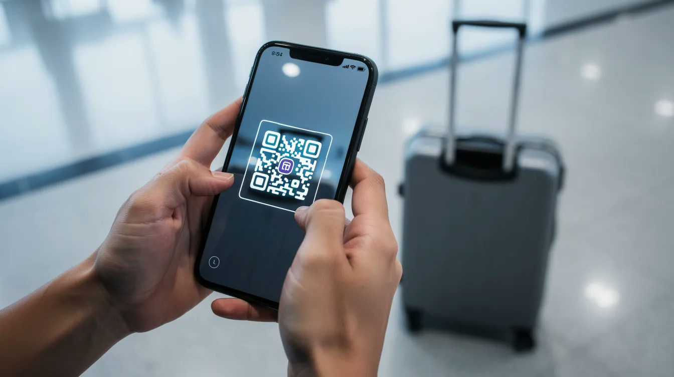 Na zdjęciu widoczne są dłonie trzymające smartfon, na ekranie którego skanowany jest kod QR, a w tle znajduje się walizka podróżna. To idealne rozwiązanie dla turystów odwiedzających Egipt, którzy chcą kupić lokalną kartę SIM, aby mieć stabilne połączenie z internetem.