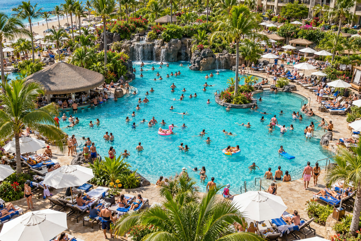 Overhead shot of a crowded tropical resort pool filled with swimmers and lined with sun loungers during busy travel season