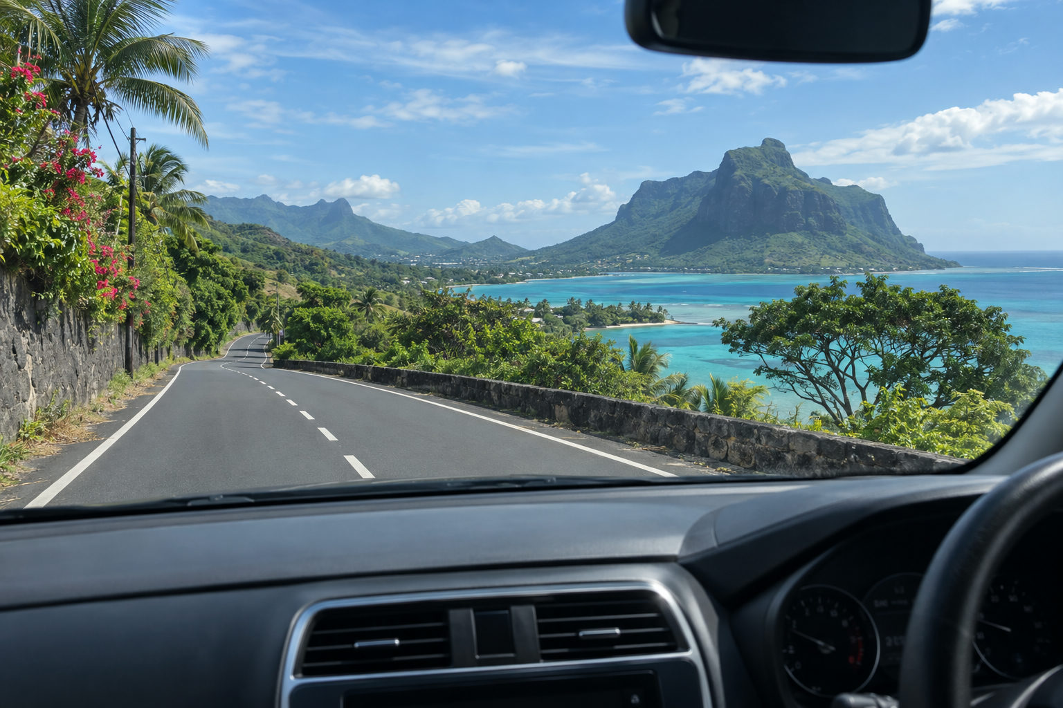 A car driving on the left along a tropical coastal road in Mauritius.