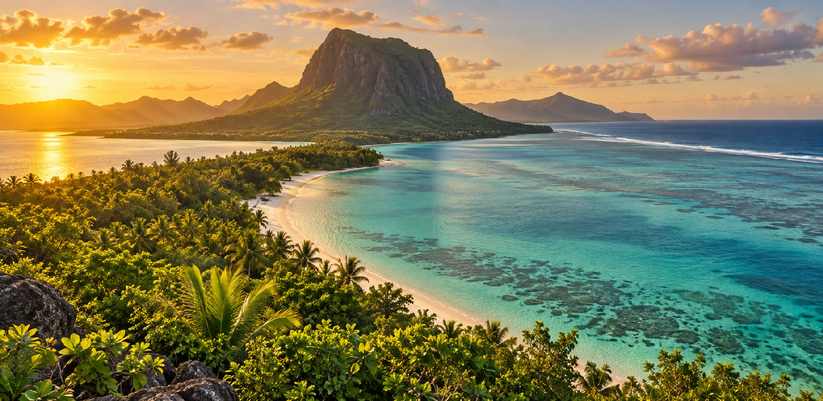 Turquoise lagoon and tropical coastline in Mauritius with Le Morne Brabant in the distance.