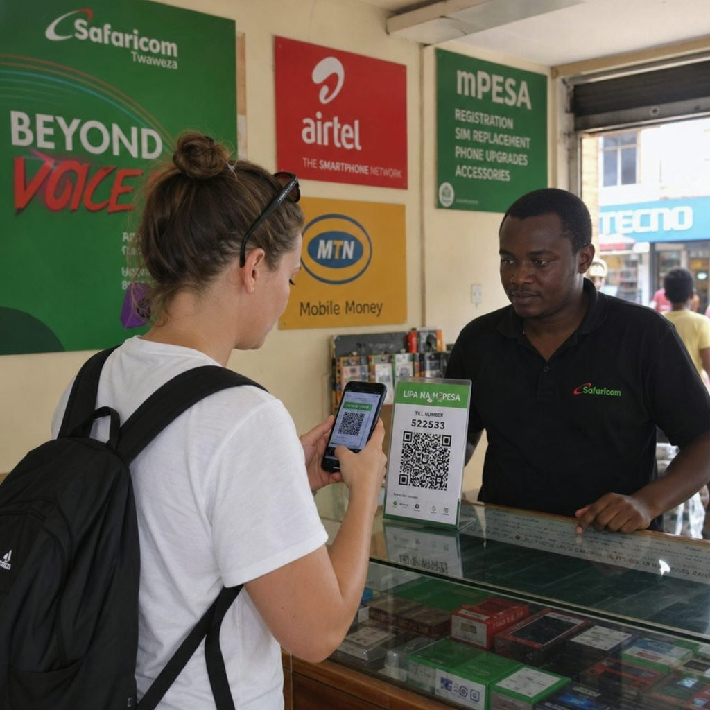 Touristin scannt einen QR-Code in einem Mobilfunkshop in Nairobi, Kenia