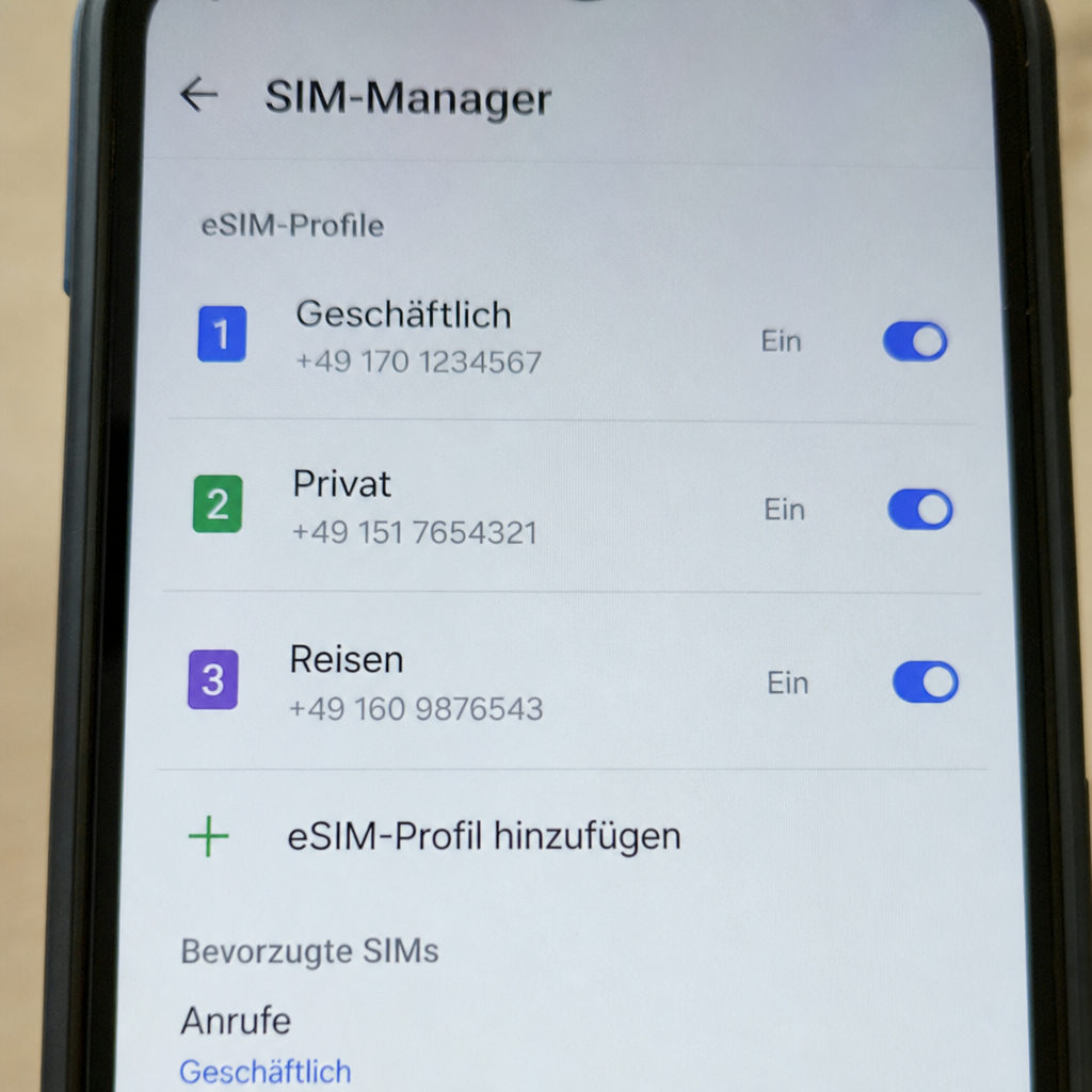 Nahaufnahme eines Smartphones, das die Einstellungen für mehrere digitale SIM-Profile anzeigt