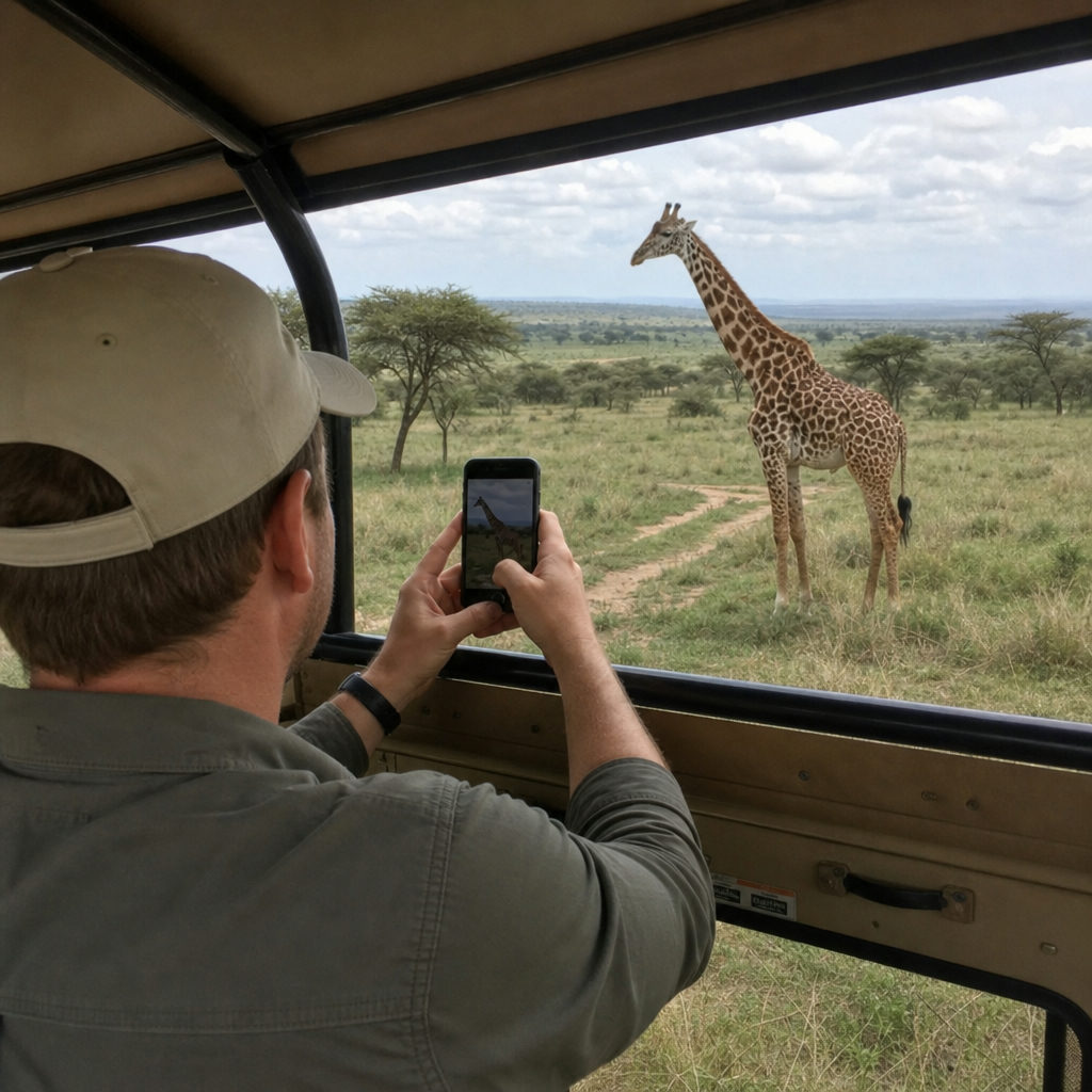 Tourist in einem Safari-Jeep in Kenia fotografiert eine Giraffe und nutzt sein Smartphone