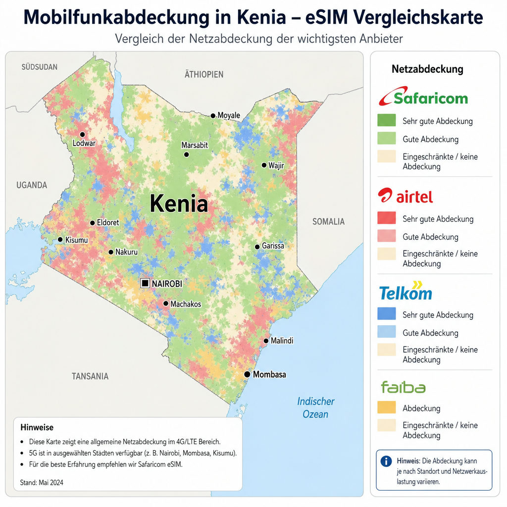 Vergleichskarte der Mobilfunkabdeckung in Kenia für digitale SIM-Karten