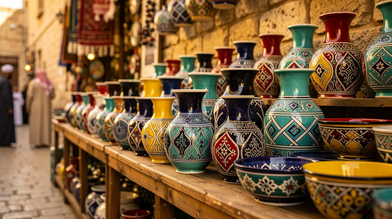 Na tradycyjnym arabskim targu w Djerbie, Tunezja, wystawione są kolorowe wyroby ceramiczne, takie jak dzbany i misy, które przyciągają wzrok turystów. Targ ten jest doskonałym miejscem, aby poczuć urokliwe miasteczko, łączące wpływy arabskie i lokalną kulturę.