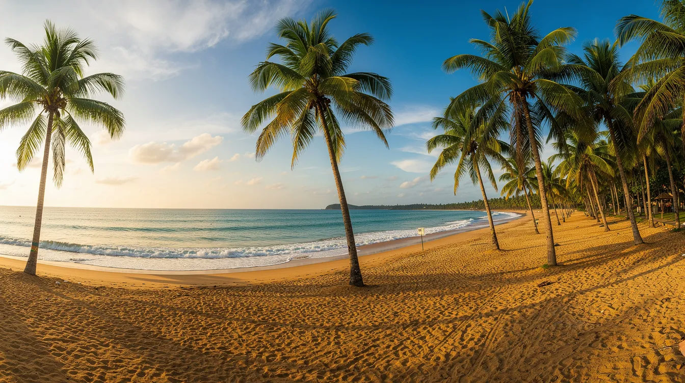 Panoramiczny widok ukazuje szeroką piaszczystą plażę na wyspie Djerba, otoczoną palmami i turkusowym morzem Śródziemnym w tle. To urokliwe miejsce, idealne na wakacje, znajduje się na południu wyspy, gdzie klimat sprzyja relaksowi i wypoczynkowi.