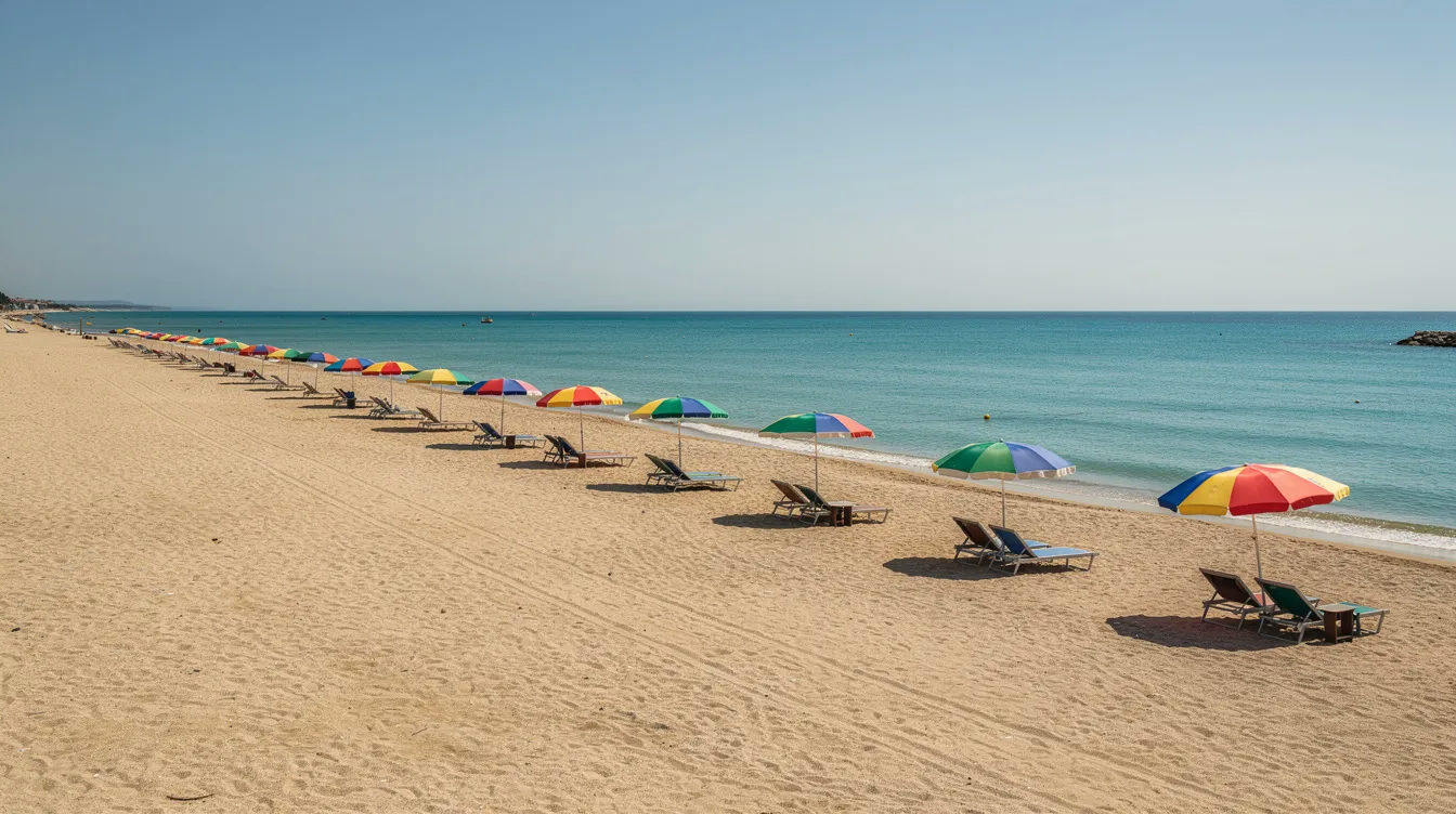 Na obrazie widoczne jest szerokie piaszczyste wybrzeże z turkusową wodą, w tle widać parasole plażowe oraz spokojne morze, które zachęca do relaksu. To urokliwe miejsce, typowe dla wyspy Djerba w Tunezji, oferuje piękne plaże i klimat śródziemnomorski.