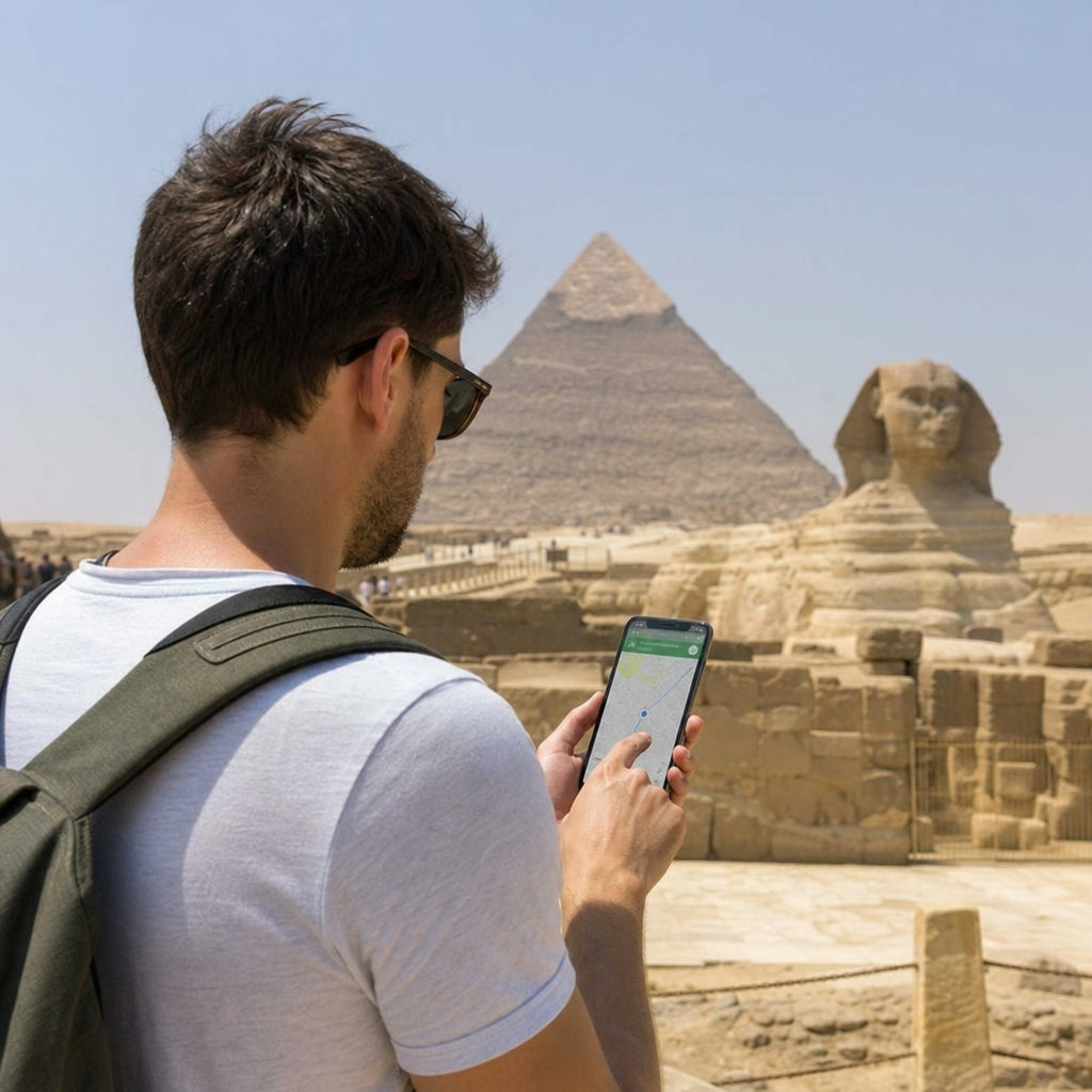 Reisende Person nutzt Smartphone mit Karten-App in Ägypten