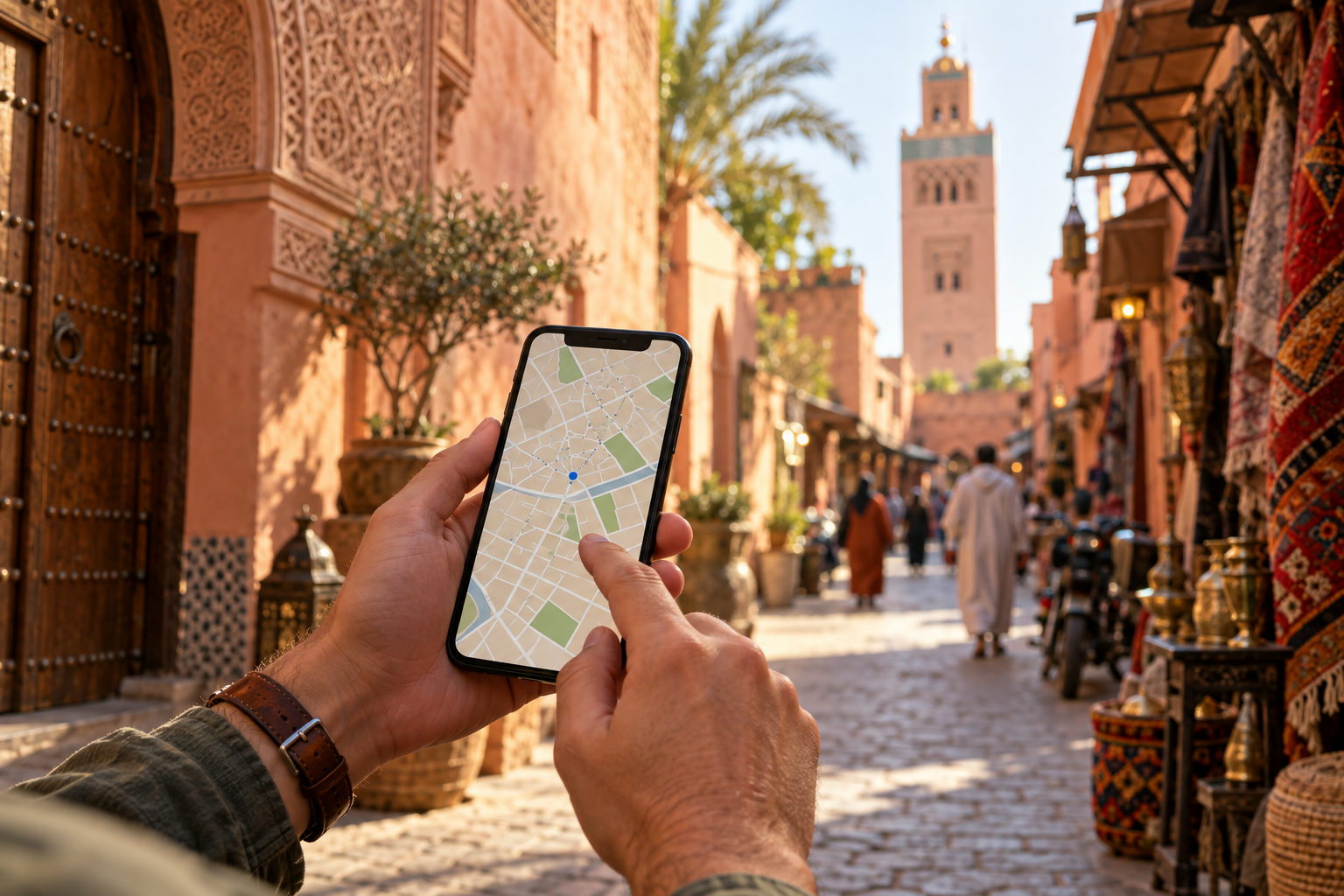 Hände halten ein Smartphone mit Kartenansicht vor einer Straße in der Medina von Marrakesch.
