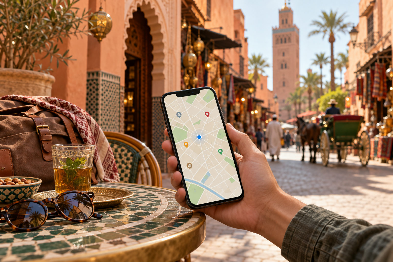 Smartphone mit Kartenansicht auf einem Café-Tisch vor einer marokkanischen Altstadtgasse.