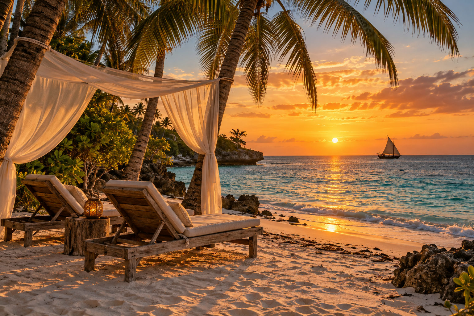 Secluded white-sand beach in Zanzibar with turquoise water and a dhow sailboat at sunset