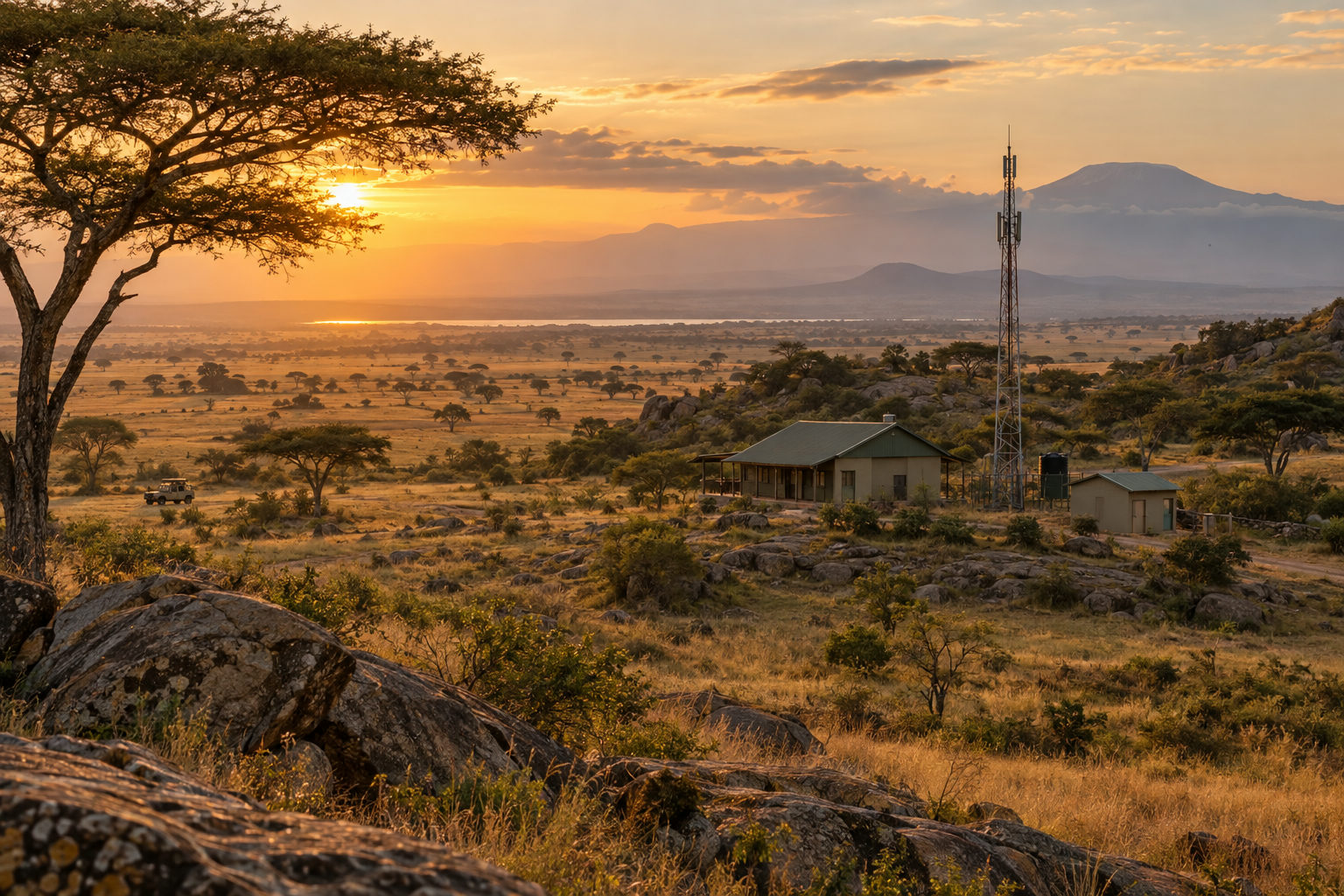 Safari lodge area in Tanzania near a ranger station and a mobile communications mast.