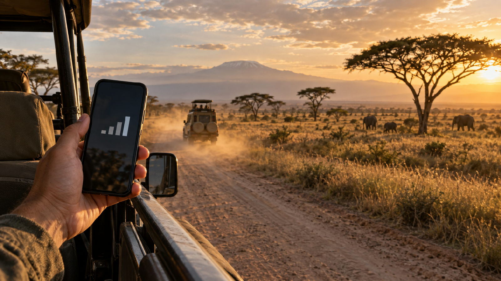 Safari vehicle travelling through the Tanzanian savannah with a smartphone ready for mobile data.