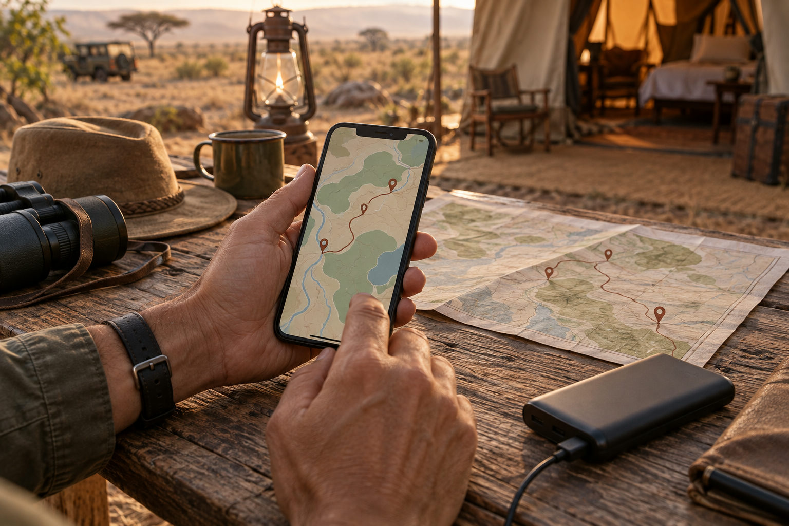 Smartphone with an offline route map, paper map and battery pack at a safari camp.
