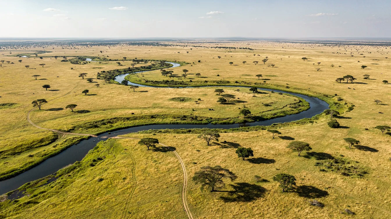 An aerial photograph captures the expansive Masai Mara savanna, featuring winding rivers, scattered trees, and vast open grassland plains typical of Kenya