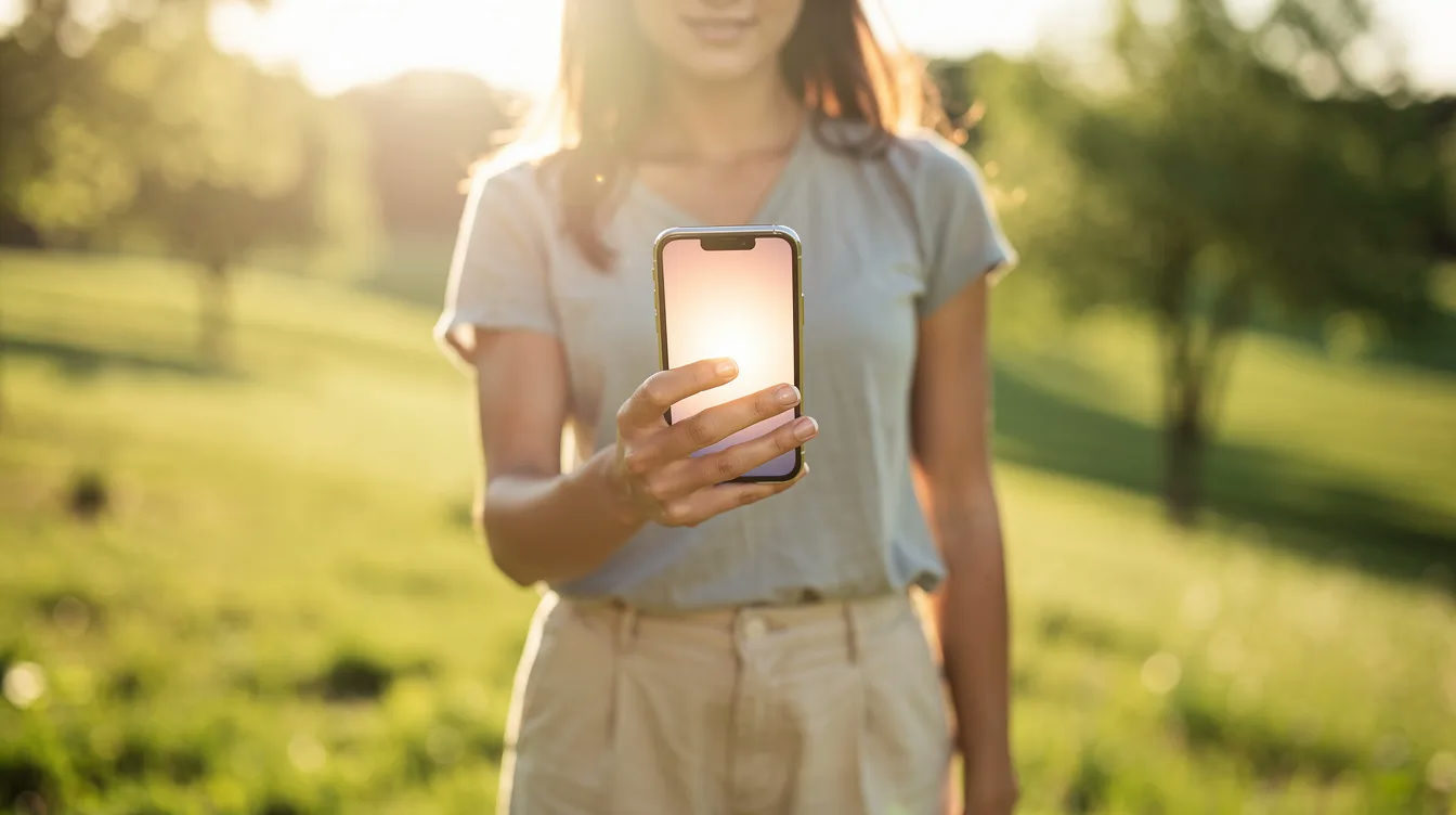 A person is holding a smartphone outdoors, surrounded by a vibrant green landscape under bright sunlight, symbolizing the reliable connectivity offered by Safaricom