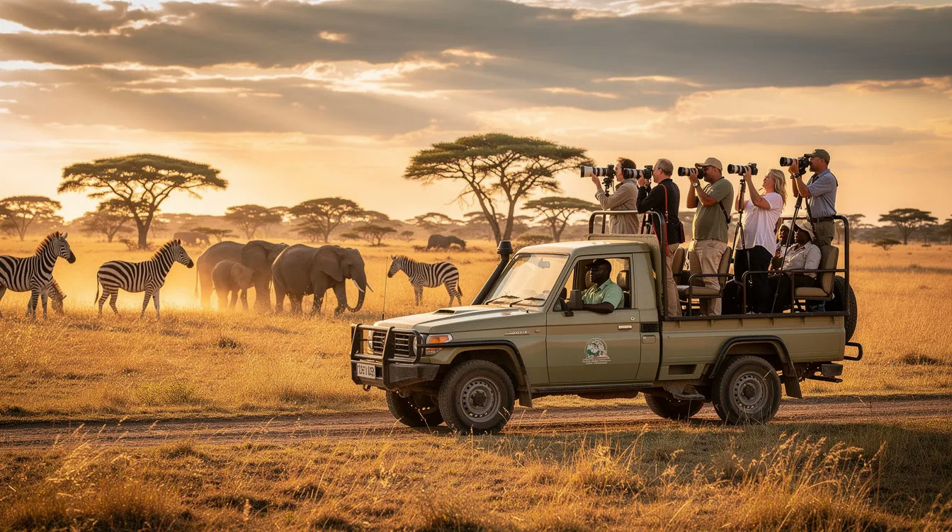 A group of travellers is enjoying a safari ride in a vehicle, capturing photographs of wildlife in a Kenyan national park during the golden hour, with the warm sunlight illuminating the landscape. This scene highlights the beauty of Kenya travel, perfect for those looking to experience the rich wildlife of places like Masai Mara.