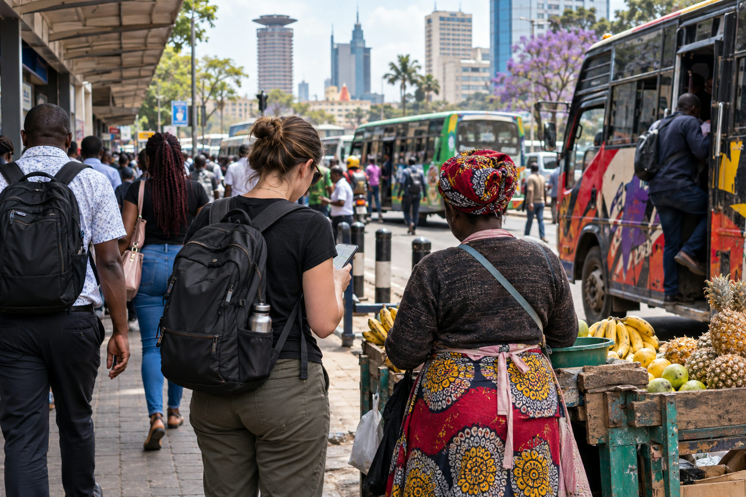 Traveler using a smartphone near a public transport stop in Nairobi, Kenya.