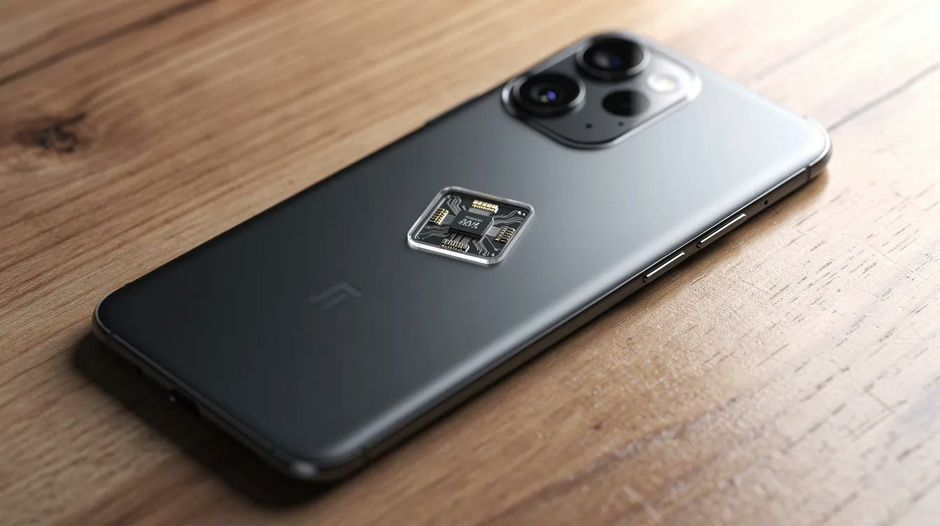 A close-up view of a modern smartphone rests on a wooden table, showcasing a small embedded chip on its back, indicating its compatibility with esim technology. The absence of a SIM tray highlights the device's reliance on digital sim capabilities for mobile data and internet connection.