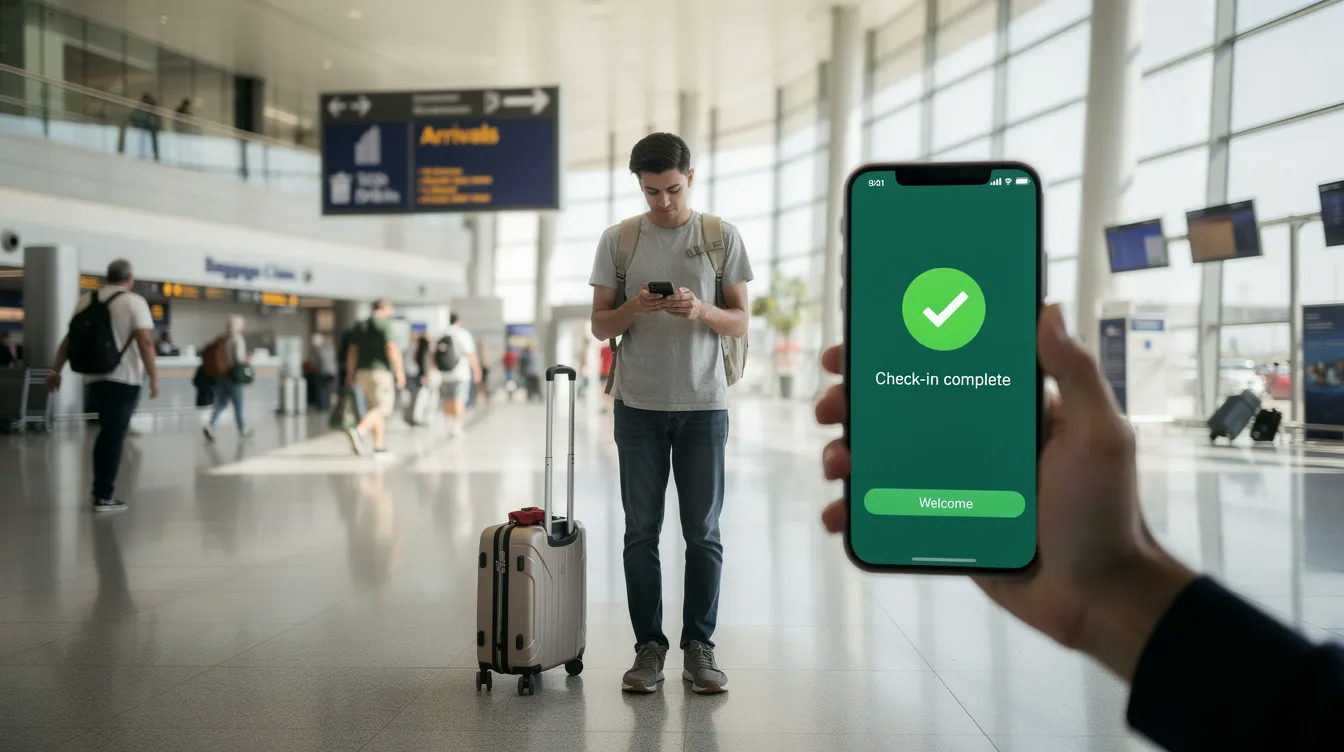 A traveller stands in an airport arrivals hall, intently looking at their phone screen which displays a green checkmark notification, indicating successful activation of their esim plan for reliable internet connection during their international travel. The excitement of having unlimited data at their fingertips is evident as they prepare to connect with local networks.