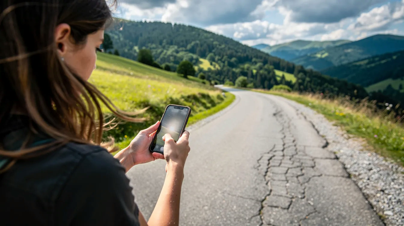 A person is navigating a rural mountain road using a smartphone, with lush green hills in the background. The image highlights the convenience of mobile data for travelers, showcasing how an esim plan can provide reliable internet connection in remote areas.