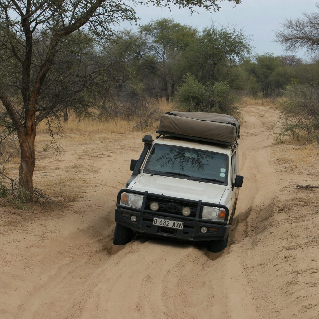A rugged 4x4 vehicle navigating a deep sandy track in a Botswana game reserve