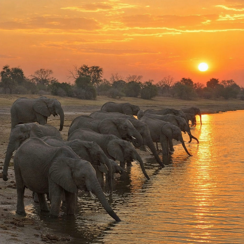 A herd of elephants drinking from the Chobe River at sunset