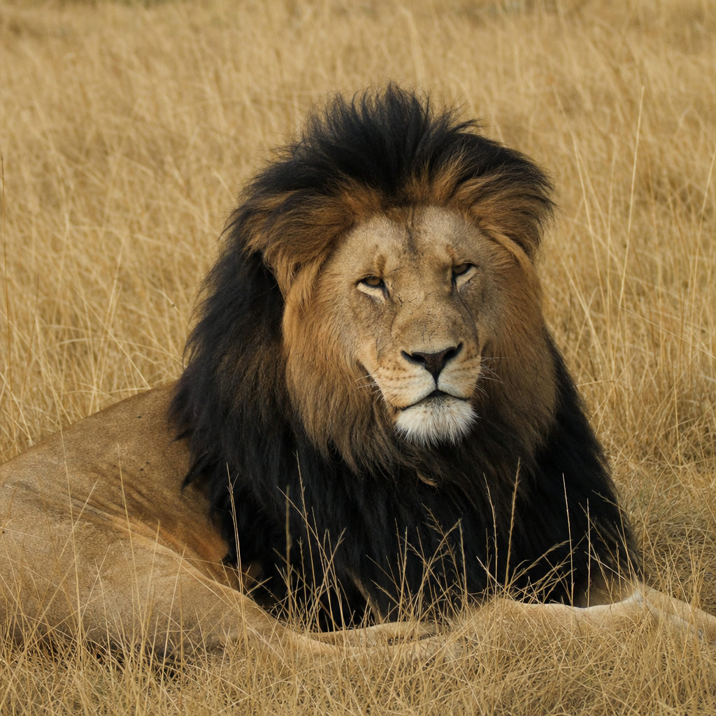 A magnificent black-maned Kalahari lion resting in the tall golden grass