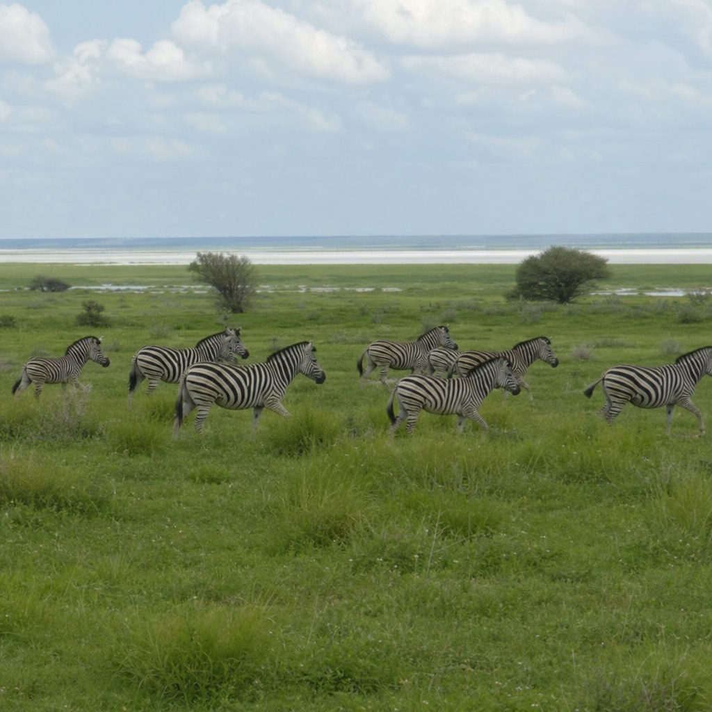 Zebras migrating across the lush green landscape of the Makgadikgadi Pans