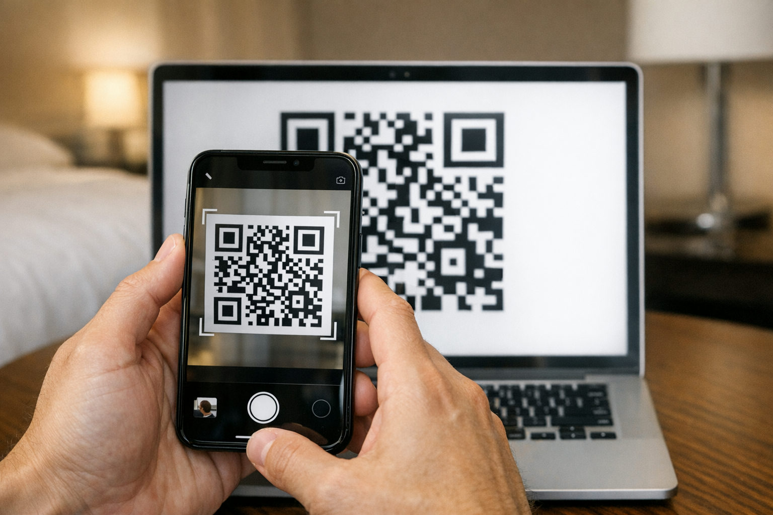 A traveller scans a QR code on a laptop screen to install an eSIM on a smartphone.