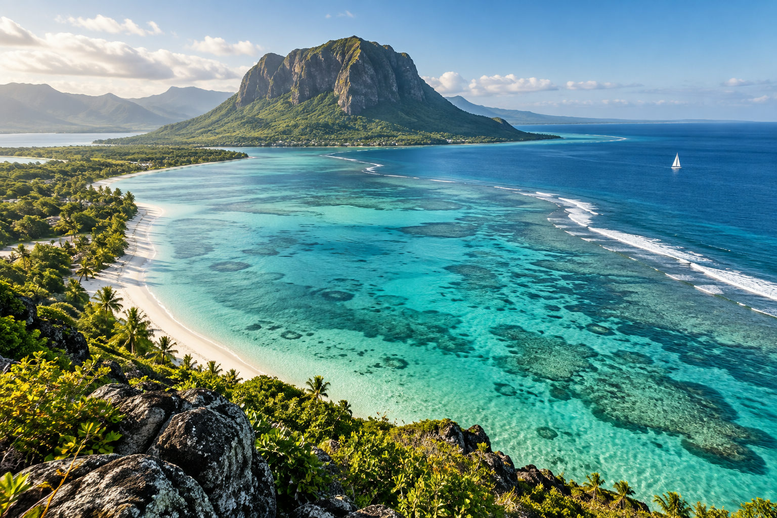 Vue panoramique d’un lagon turquoise, d’une plage de sable blanc et des reliefs volcaniques de l’île Maurice.