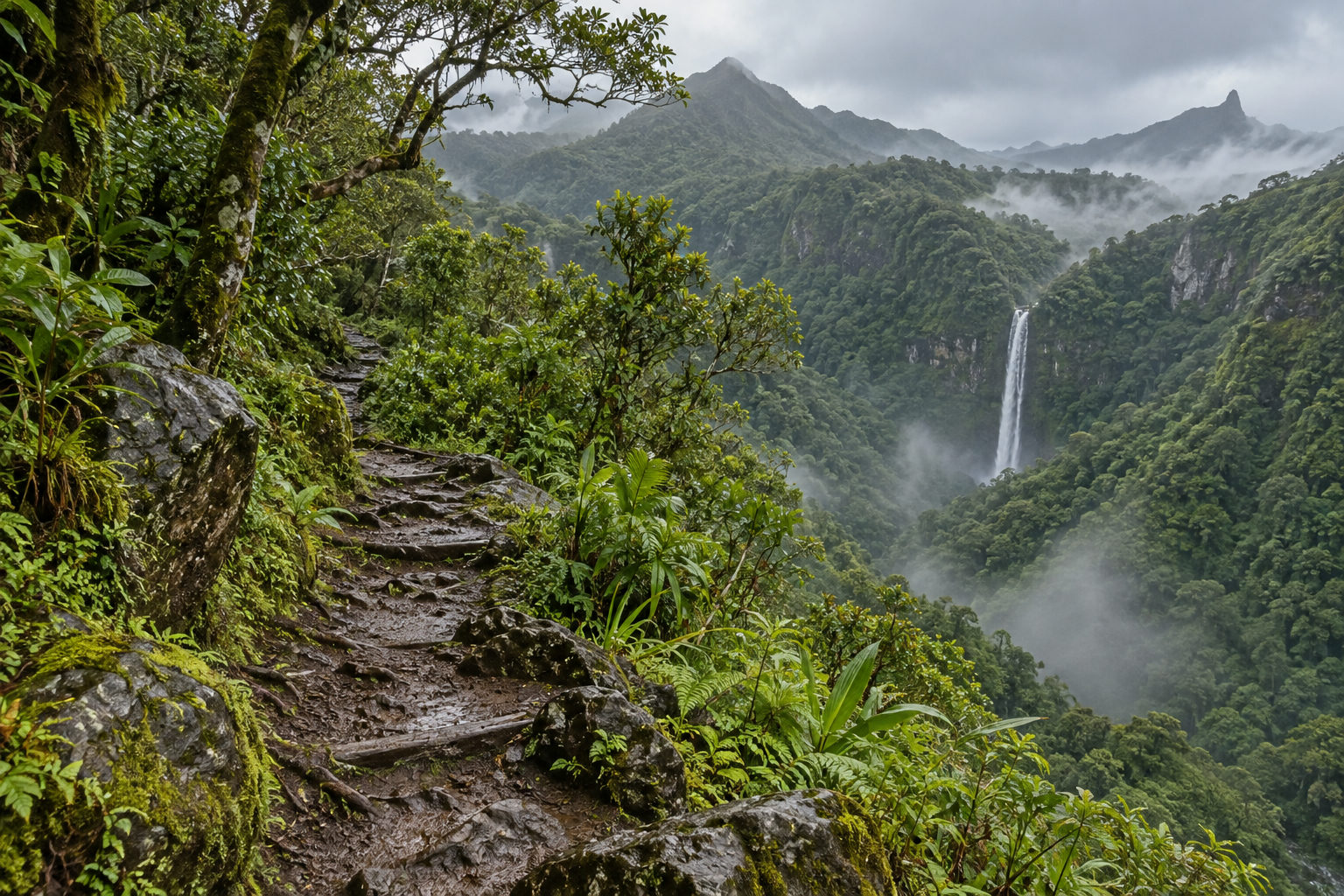 Sentier de randonnée bordé de forêt tropicale dans le parc national des gorges de Rivière Noire.