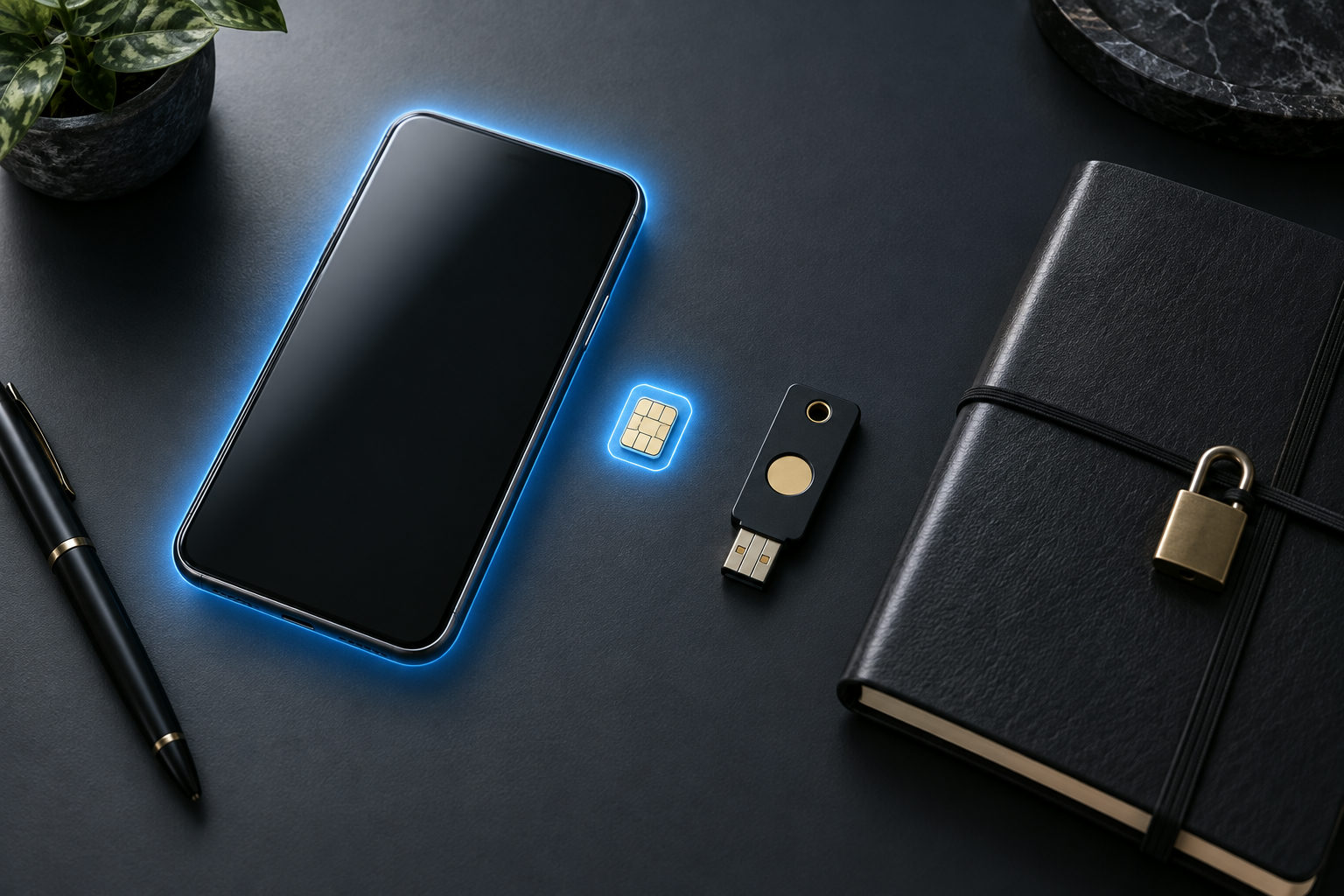 Smartphone, SIM card, and hardware security key arranged to represent layered protection from SIM swap fraud.