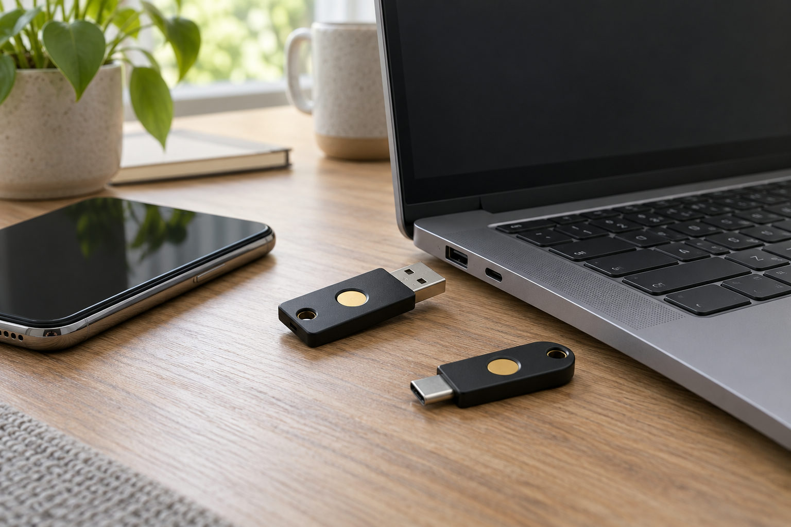 Unbranded hardware security keys beside a smartphone and laptop for account protection.