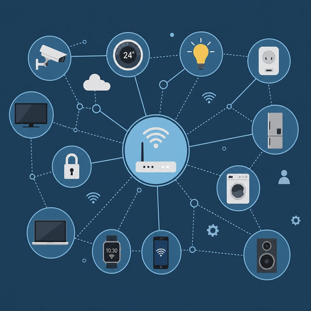 A conceptual image showing interconnected smart devices and IoT network nodes