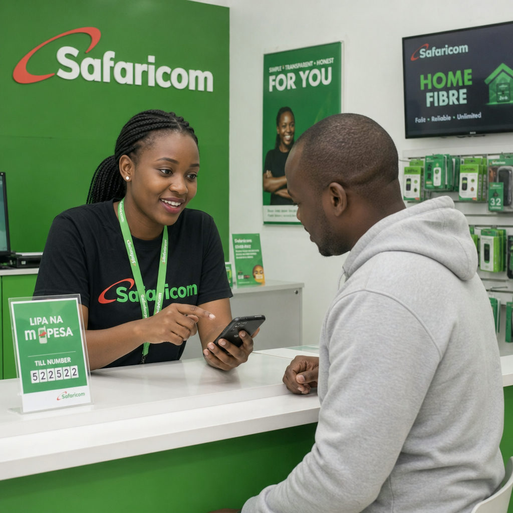 A customer service representative assisting a client at a Safaricom shop