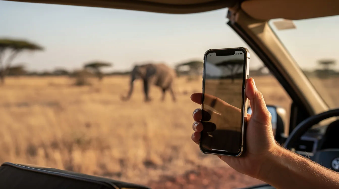 A smartphone is being held inside an open safari vehicle, capturing a moment of the African savanna with a blurred landscape and a distant elephant. This scene highlights the importance of travel apps for offline maps and wildlife spotting during a self-drive safari in southern Africa.